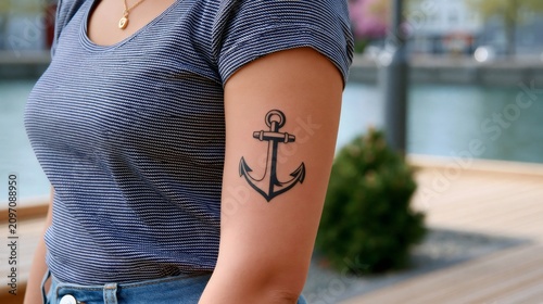 Woman showing anchor tattoo on bicep