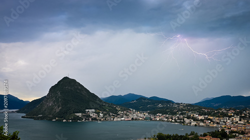 Lightning storm over Monte San Salvatore and Lugano, Switzerland