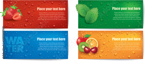many fresh juice drops background with strawberry, water, mint,