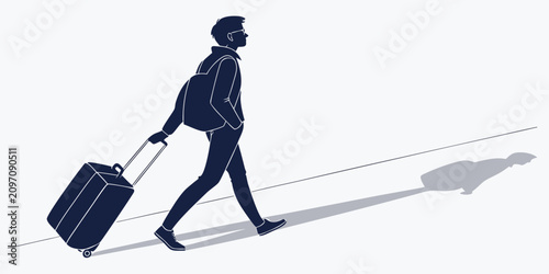 Photos Business traveler pulling rolling suitcase on white background, businessman roll