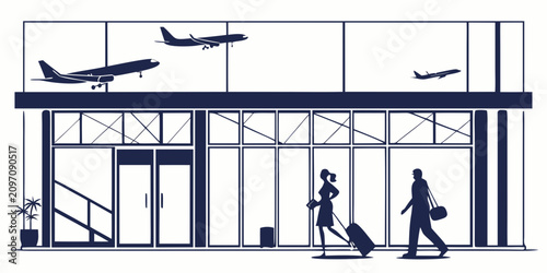 Konstfotografi Black and white silhouettes of travelers waiting at airport check-in counters