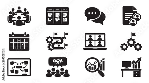 Business icons, workflow symbols, productivity signs, management graphics, 12 black vector icons