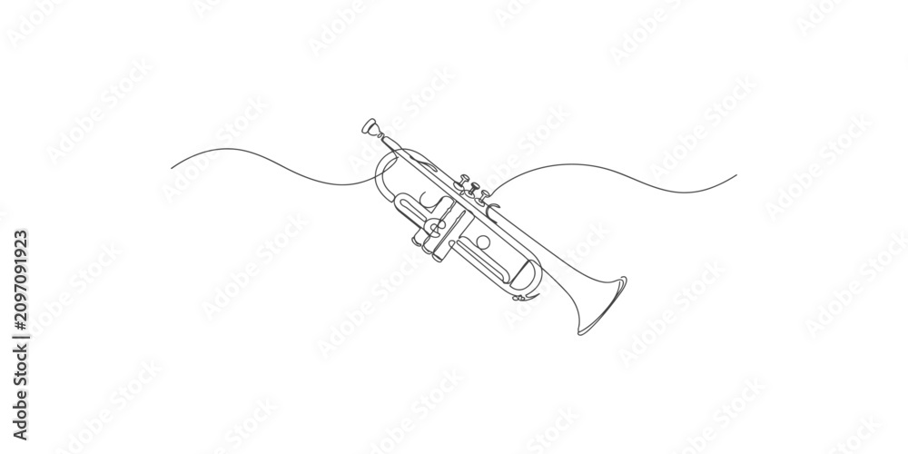 Obraz premium Continuous single line drawing of a trumpet musical instrument