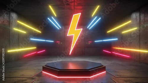 Cinematic 3D animation of a hexagonal platform in a concrete chamber, crowned by a bold neon
