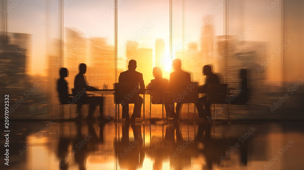Fototapeta premium Business team meeting in modern office at sunset with blurred silhouettes and city skyline through glass windows