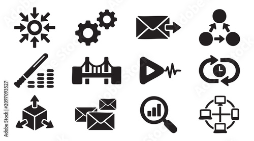 Business icons, workflow symbols, productivity signs, management graphics, 13 flat black icons