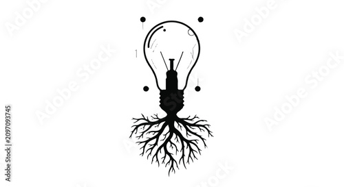 Lightbulb with visible roots grows to symbolize the origin and development of a creative idea.