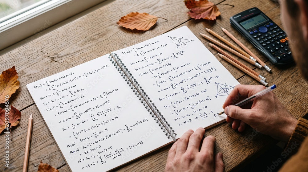 Obraz premium An open notebook with mathematical notes, pencils, and autumn leaves creates a seasonal study scene on a wooden desk. The composition represents learning, concentration, and academic preparation.