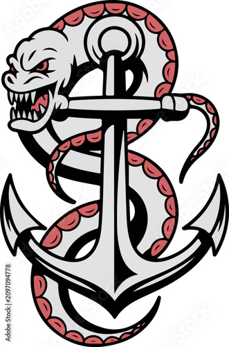 Fierce snake wrapped around a traditional anchor tattoo flash