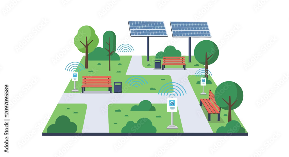 Fototapeta premium Smart City Public Park Illustration with Solar Panels, Free Wi-Fi Hotspots, and Sustainable Urban Infrastructure