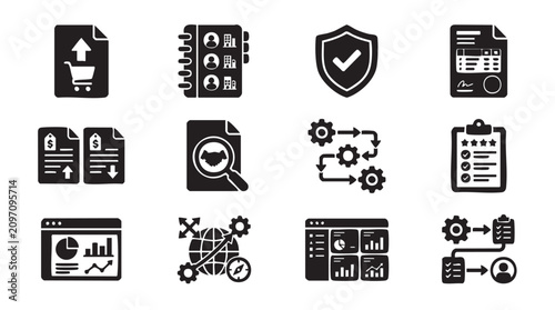 Business icons, workflow management, data security symbols, productivity signs, 13 vector graphics