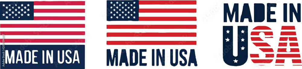 Fototapeta premium Made in usa stamp and flag set, various styles of american flag and made in usa labels.