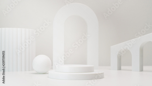 Minimalist White Circular Podium with Geometric Props and Arches on White Background)