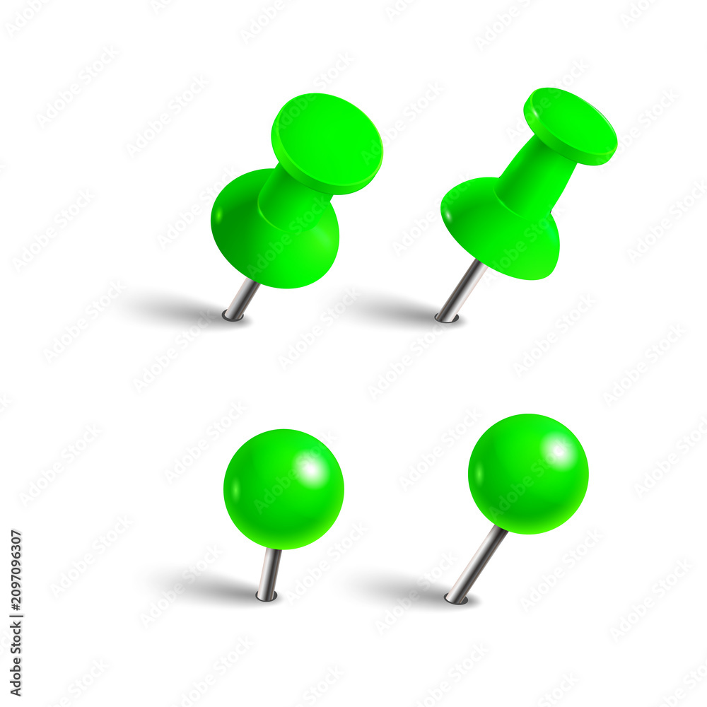 Obraz premium Four bright green push pins and map tacks with metal needles and dark shadows arranged in a grid pattern isolated on a transparent background