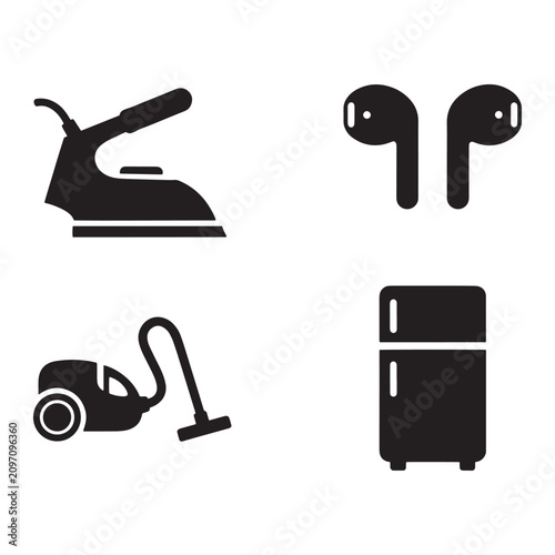 Minimalist home appliance icon set, black household electronics vector collection, modern vacuum and refrigerator symbols for web design