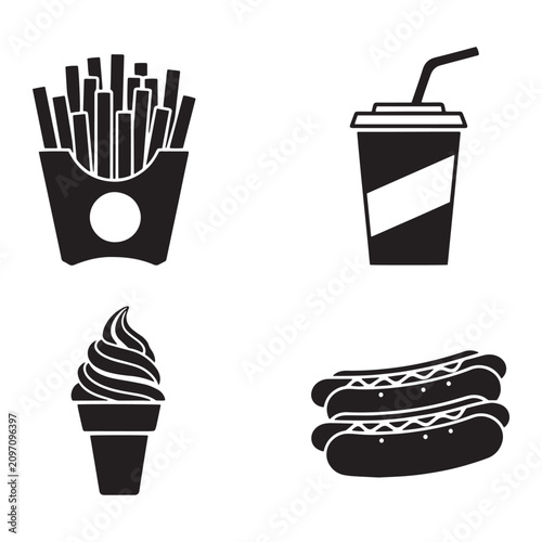Fast food icon set with french fries, soda cup, ice cream cone and hot dogs. Minimalist black silhouette junk food vector graphics for menus.