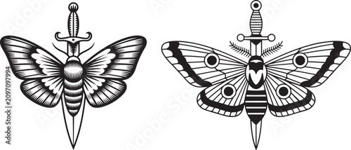 Two black and white of moths impaled by daggers, in old school tattoo style
