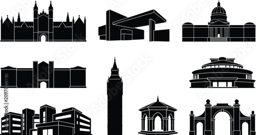 Photos Set of architectural building silhouettes featuring historical landmarks, modern