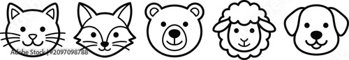 Set of cute animal face line icons