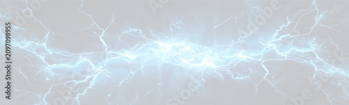 Photos Electric blue lightning bolt striking across a light gray background, creating a