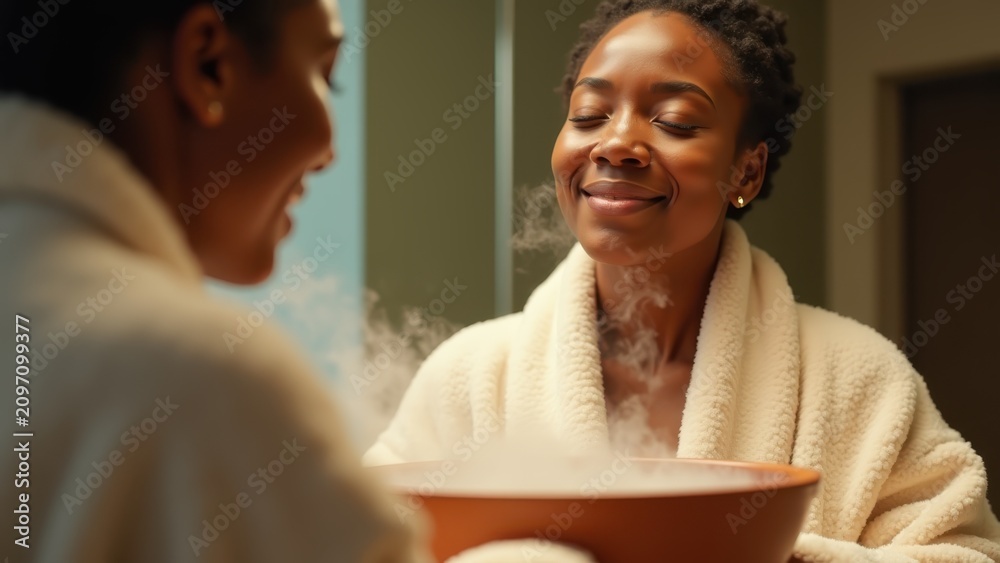Fototapeta premium black woman enjoying herbal facial steam