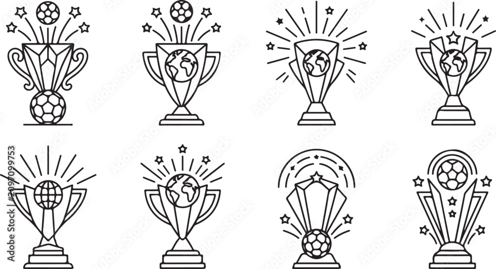 Fototapeta premium Set of eight soccer trophy award icons in line art style