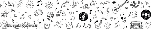 Fotografie Black and white hand drawn music and celebration doodles music notes
