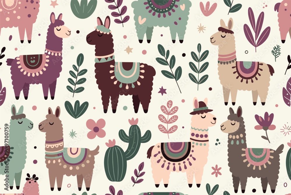 Fototapeta premium Cute llama and alpaca seamless pattern features desert plants, cacti, and colorful flowers in a whimsical and charming nursery style.