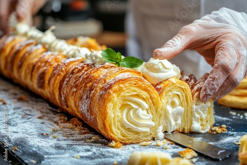 selective focus delicious pastries arranged in rows while being injected with cream
