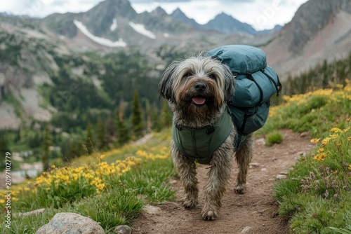 selective focus loyal sheepdog carrying backpack during scenic hiking adventure