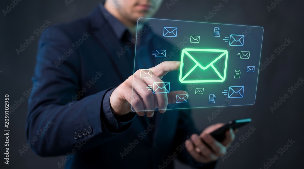 Obraz premium Business professional using smartphone and interactive holographic display with email notification symbols to manage digital communication and corporate workflow in office