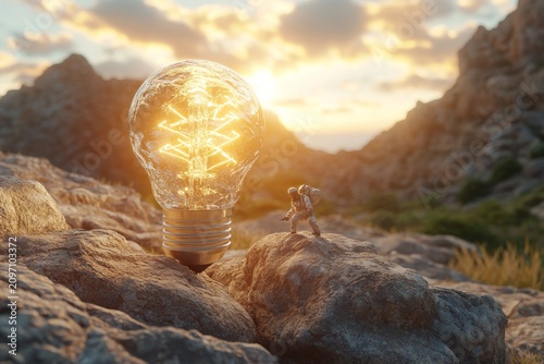 selective focus miniature explorers examining giant lightbulb cavern surrounded by atmospheric mist, Octane Render
