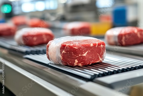 selective focus sealed meat packages traveling on conveyor belt during packaging process