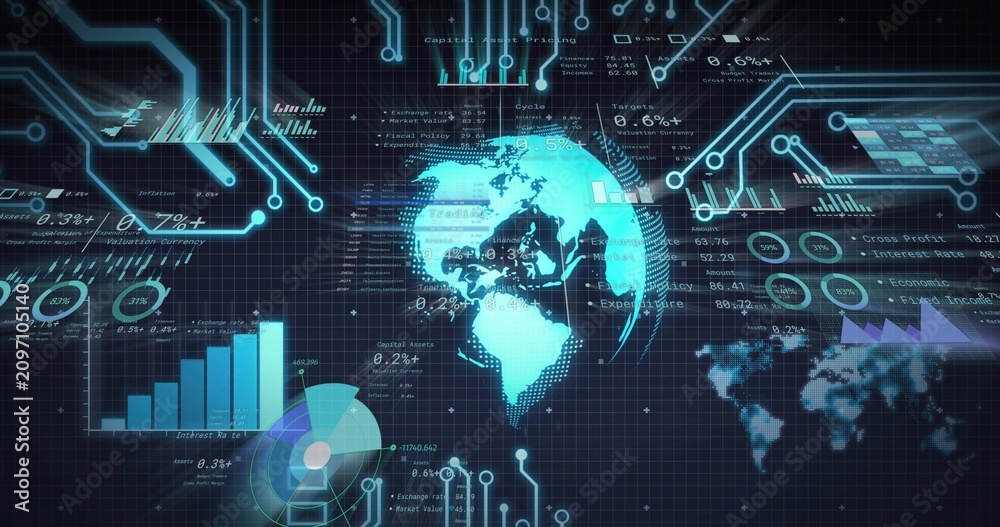 Obraz premium On load holographic cyan globe rotating in analytics HUD, revealing continents and updating charts