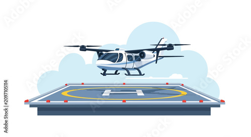 Futuristic Electric eVTOL Aircraft Landing on Helipad, Urban Air Mobility and Flying Taxi Concept Illustration