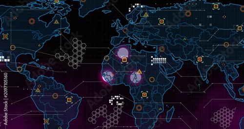 Animated neon world map responding to data pulse, showing pulsing magenta hotspots and security UI