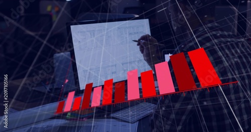 Pen near screen initiating floating 3D bar chart growing rightward and drawing arrow to show growth