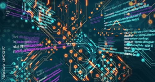 Camera moving forward, luminous circuit network pulsing and revealing floating code for tech demo