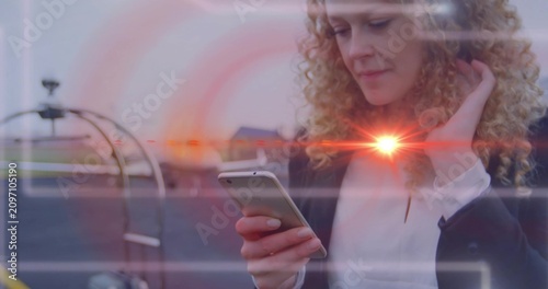 Canvas-taulu Traveler tapping smartphone on ramp, causing glowing nodes aligning with device