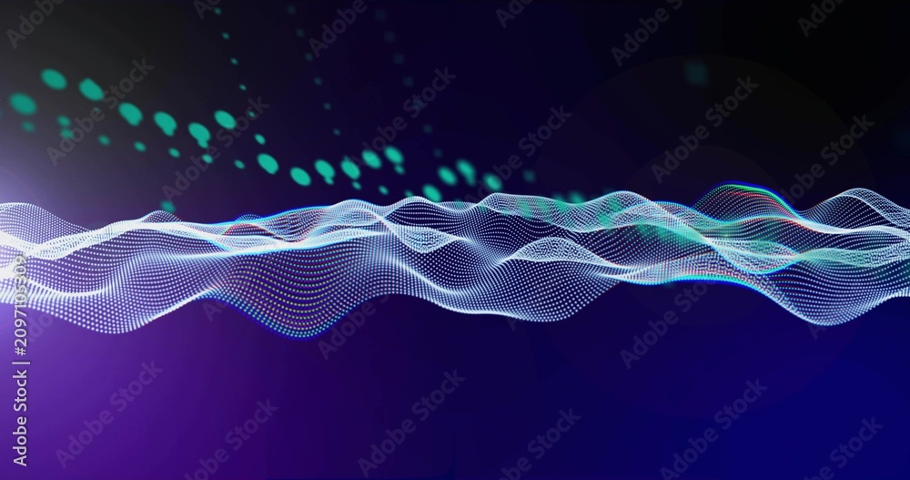 Obraz premium Flare sparking layered waveform moving on navy field rising peaks showing numbers teal dots forming
