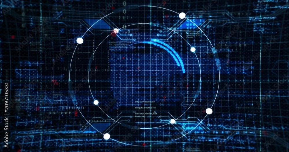 Naklejka premium HUD ring appearing initiating blue arc rotating nodes pulsing code scrolling showing system status