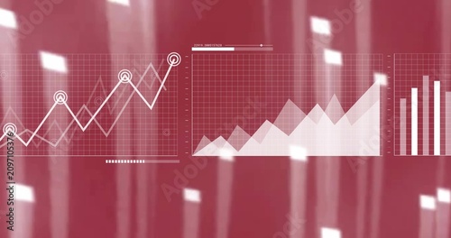 Camera pan activating line chart, nodes pulsing, area layers fading, bars rising to show trends