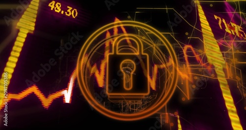 Neon padlock responding to data feed, HUD rings sharpening and numbers updating for security