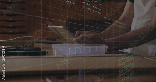 Bench hands tapping tablet, tap starting stock overlay, shifting to seated review for market trends