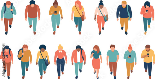 Diverse group of people walking and using mobile devices viewed from above in flat vector illustration