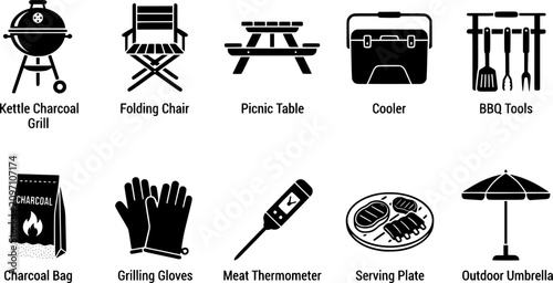 A collection of black silhouette vector icons featuring outdoor BBQ and backyard picnic equipment, showcasing a charcoal grill, folding chair, picnic table, cooler box, and grilling tools.
