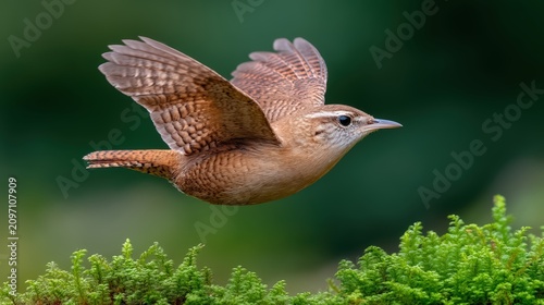 A Troglodytes troglodytes wren bird in flight over lush green moss