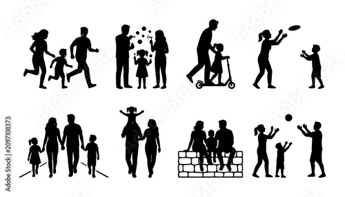 Diverse Family Silhouettes Collection, 8 Vector Scenes of Parents and Children Enjoying Activities, Black and White Lifestyle Graphics for Web and Print