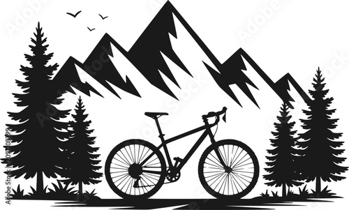 Bild auf Leinwand 山と飛んでいる鳥がいる森林風景の中のマウンテンバイクの白黒シルエット