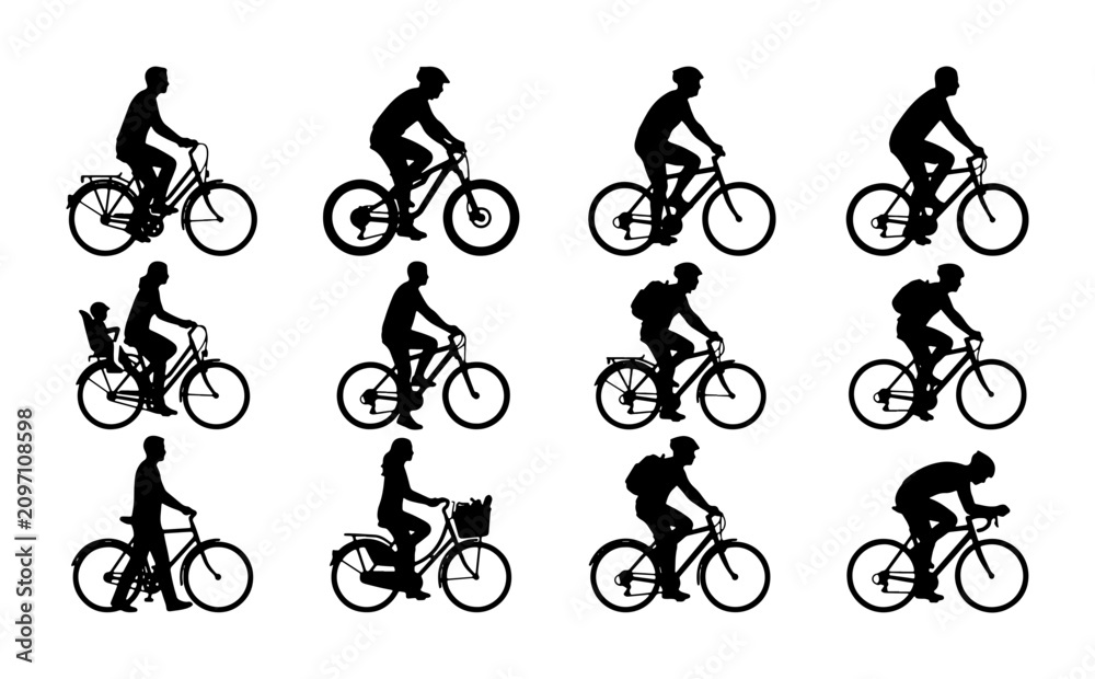 Obraz premium Diverse Bicycle Silhouettes Collection: Cyclists in Action, Mountain Bikes, Road Bikes, City Commuters, 12 Vector Icons for Sport and Lifestyle Graphics